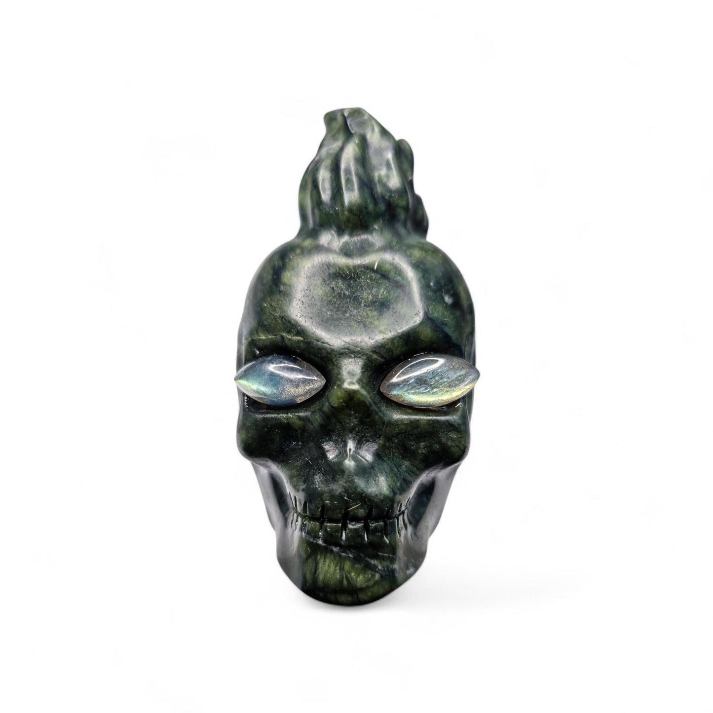 Large Serpentine Mohawk Skull with Labradorite Eyes | 3.5" Green Jade Crystal Carving | Punk Rock Gothic Decor | 14.5oz Unique Oddity