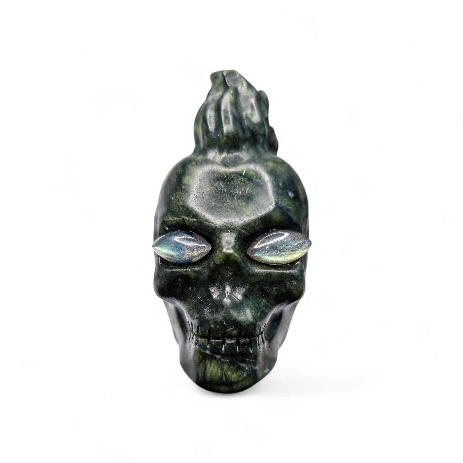 Large Serpentine Mohawk Skull with Labradorite Eyes | 3.5" Green Jade Crystal Carving | Punk Rock Gothic Decor | 14.5oz Unique Oddity