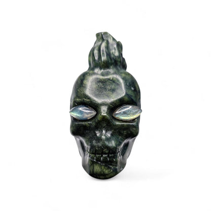 Large Serpentine Mohawk Skull with Labradorite Eyes | 3.5" Green Jade Crystal Carving | Punk Rock Gothic Decor | 14.5oz Unique Oddity