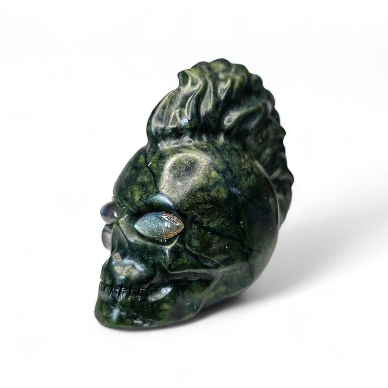 Large Serpentine Mohawk Skull with Labradorite Eyes | 3.5" Green Jade Crystal Carving | Punk Rock Gothic Decor | 14.5oz Unique Oddity