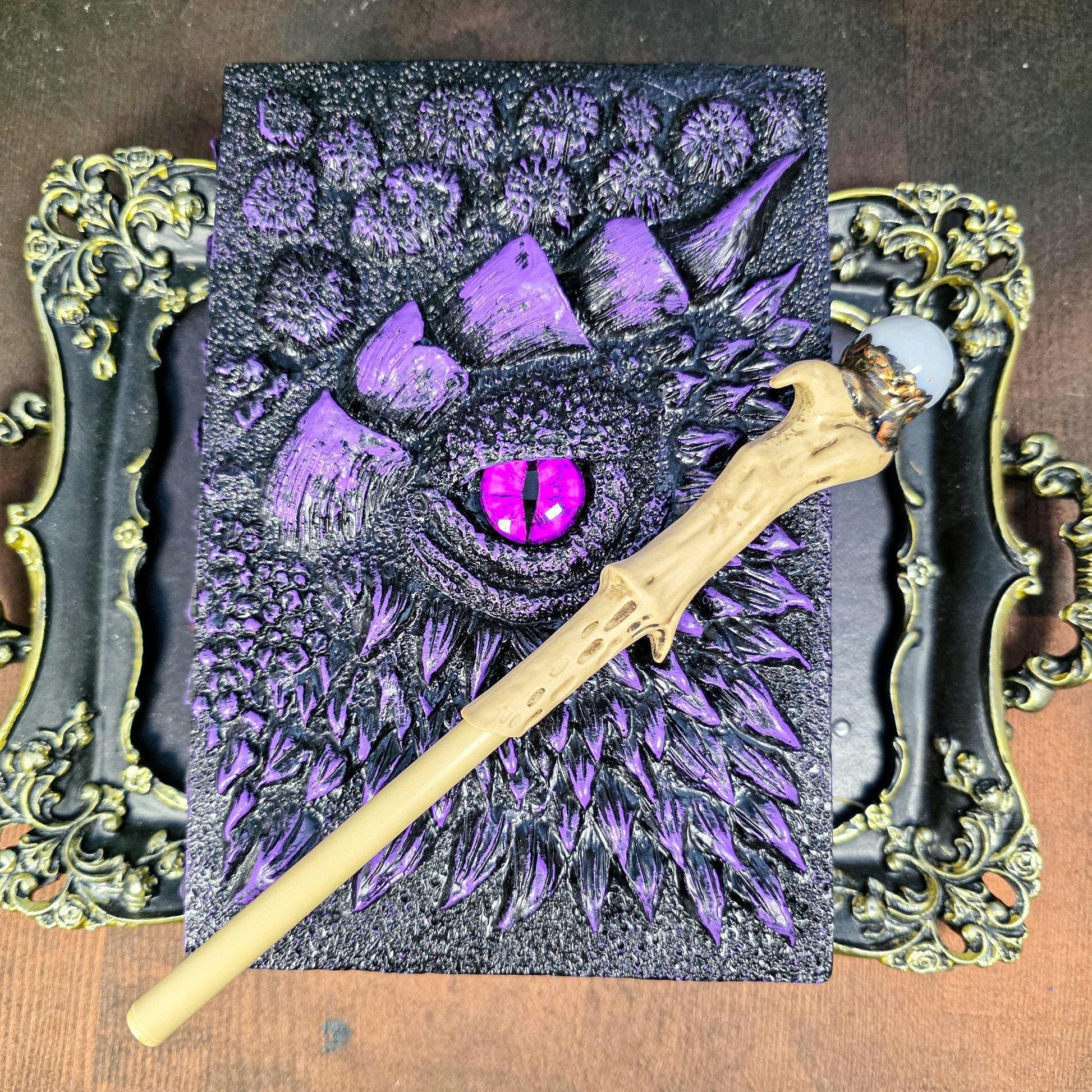Dragon Eye Grimoire and Magic Wand Pen | Protective Dragon Scale Journal | Refillable Shadow Work Book | Medieval Style Stationery Set | 3D