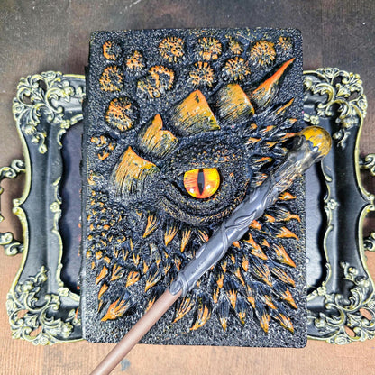 Dragon Eye Grimoire and Magic Wand Pen | Protective Dragon Scale Journal | Refillable Shadow Work Book | Medieval Style Stationery Set | 3D