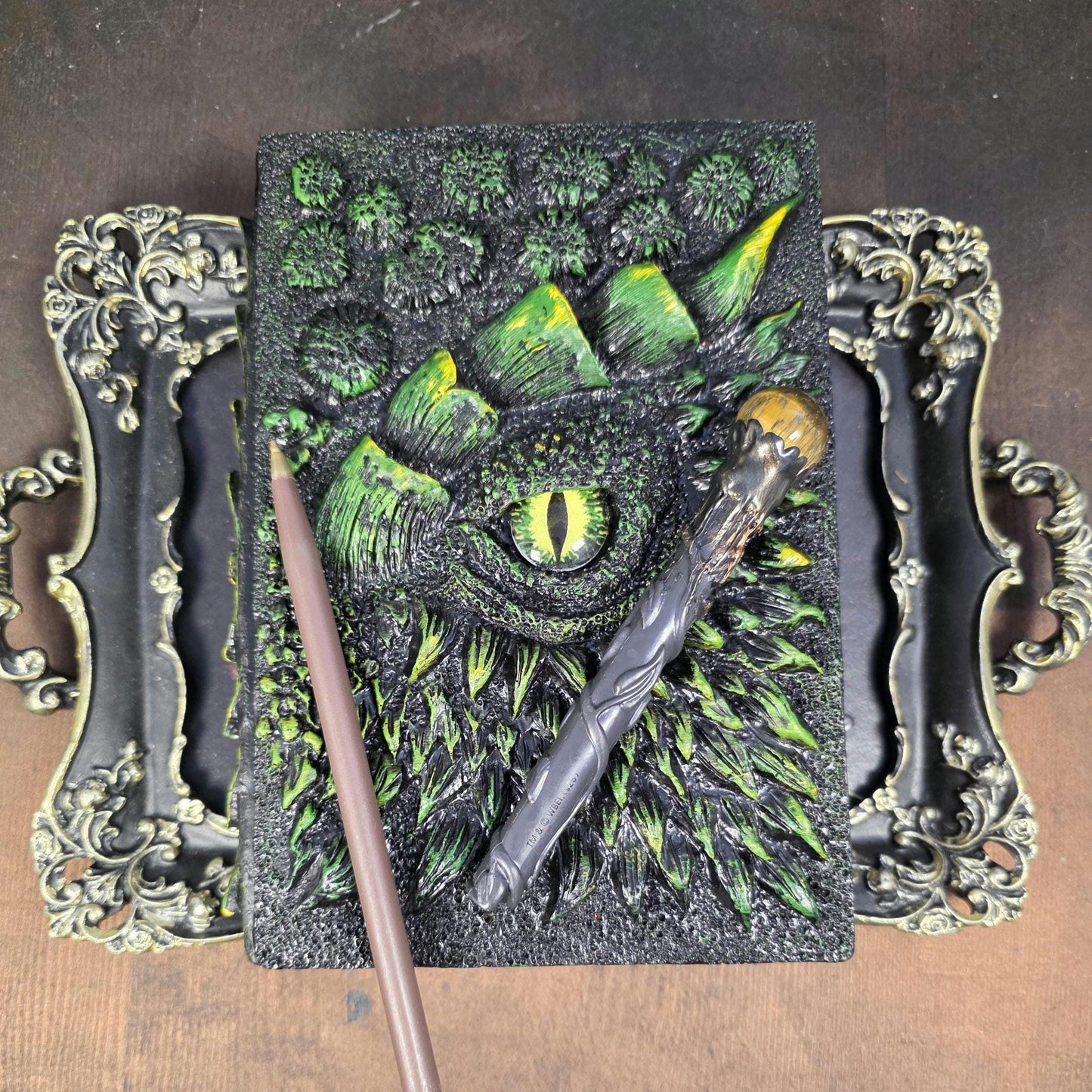 Dragon Eye Grimoire and Magic Wand Pen | Protective Dragon Scale Journal | Refillable Shadow Work Book | Medieval Style Stationery Set | 3D