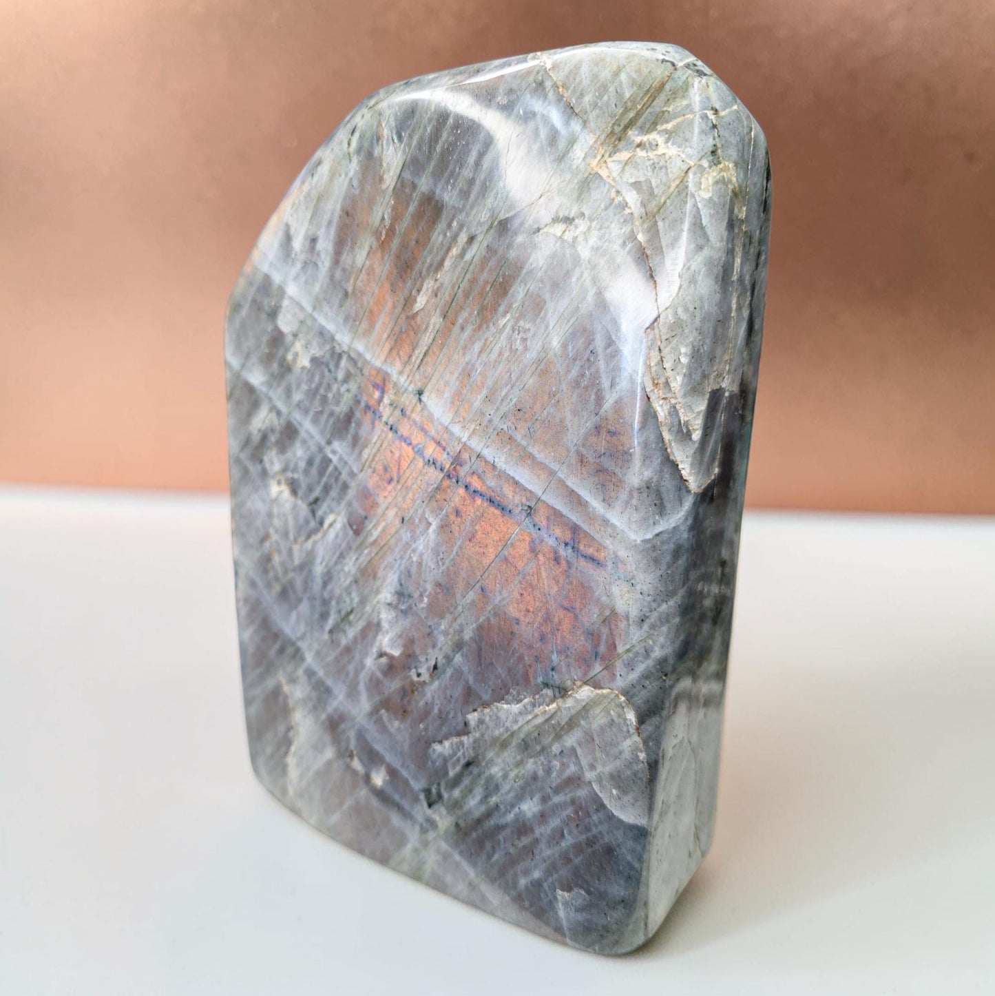 Huge 7.9lb Sunset Labradorite Freeform | Rare Orange & Pink Flash Statement Piece | 7" Polished Crystal Slab | High-End Mineral Specimen