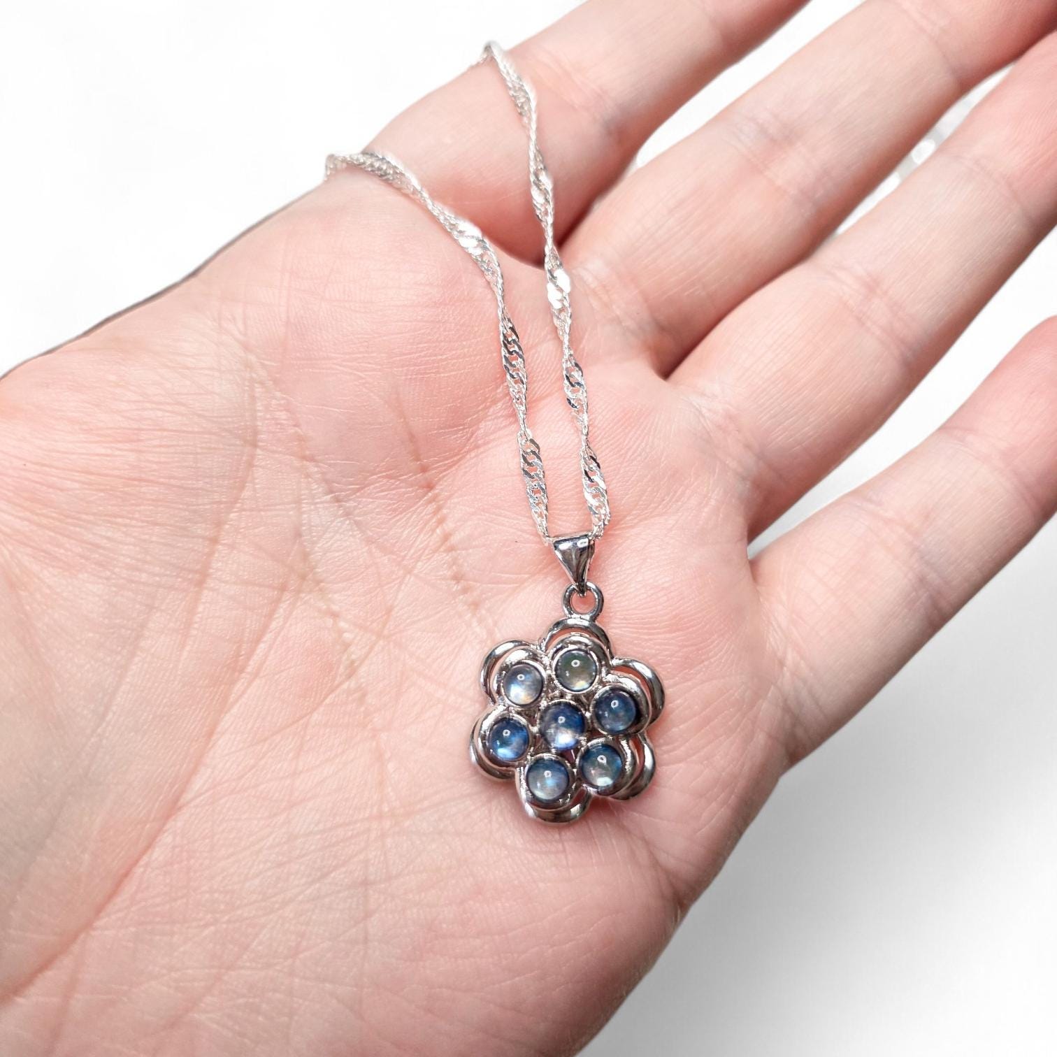 Labradorite Spinning Flower Necklace | Genuine 7 Bead Kinetic Pendant | S925 Sterling Silver 24" Chain | Gemstone Fidget Jewelry
