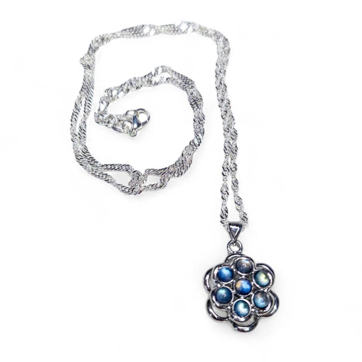 Labradorite Spinning Flower Necklace | Genuine 7 Bead Kinetic Pendant | S925 Sterling Silver 24" Chain | Gemstone Fidget Jewelry