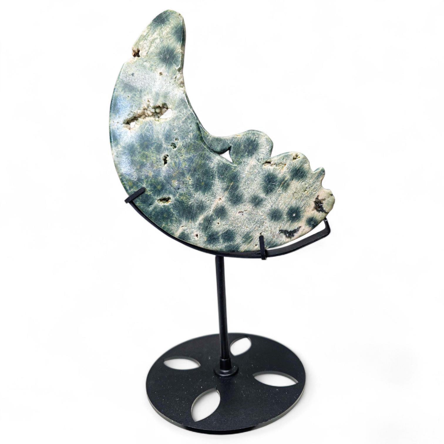Large Ocean Jasper Rabbit on the Moon Carving | 5th Vein Green Jasper Crystal Moon | 9.5" Tall with Custom Metal Stand | Celestial Decor