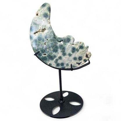 Large Ocean Jasper Rabbit on the Moon Carving | 5th Vein Green Jasper Crystal Moon | 9.5" Tall with Custom Metal Stand | Celestial Decor