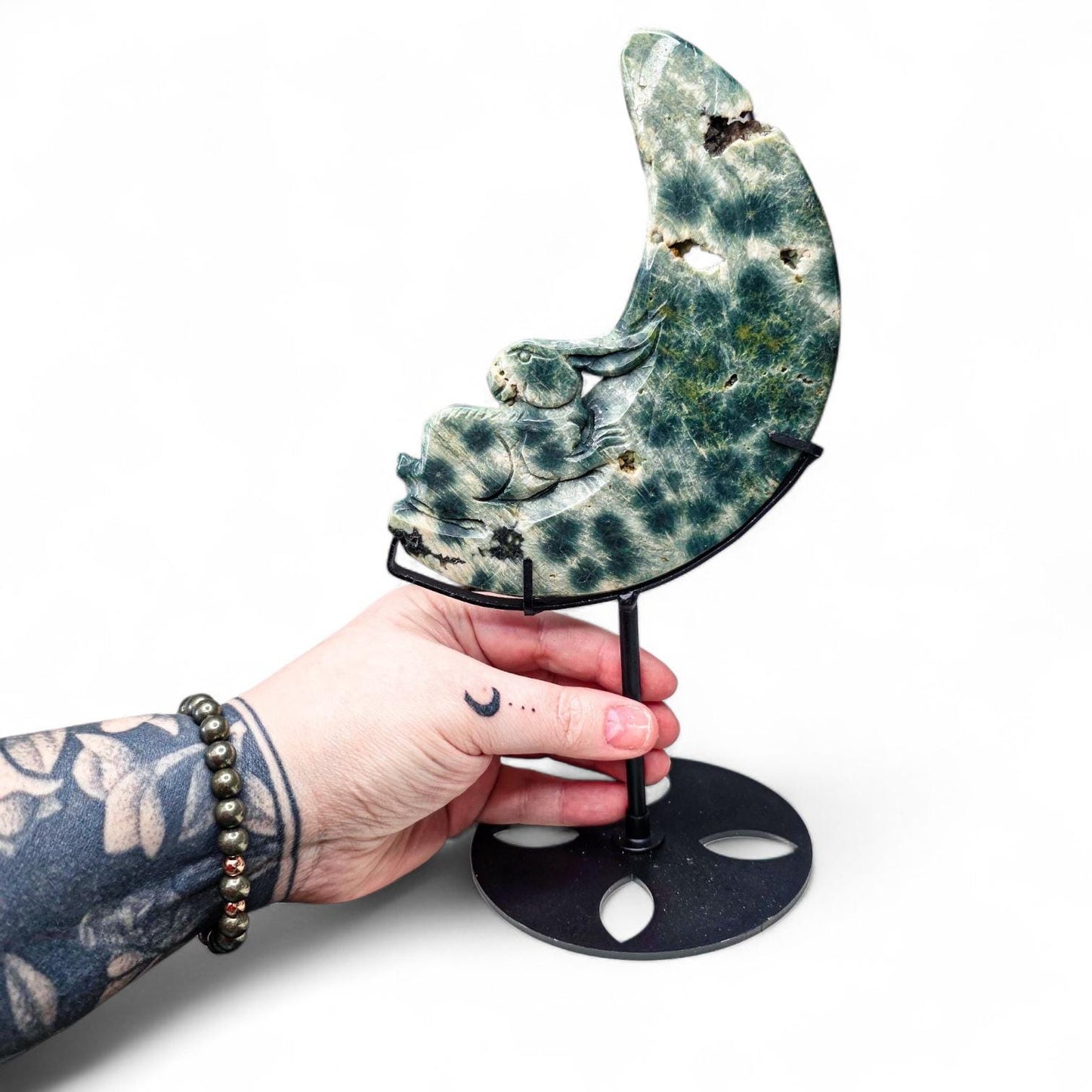 Large Ocean Jasper Rabbit on the Moon Carving | 5th Vein Green Jasper Crystal Moon | 9.5" Tall with Custom Metal Stand | Celestial Decor