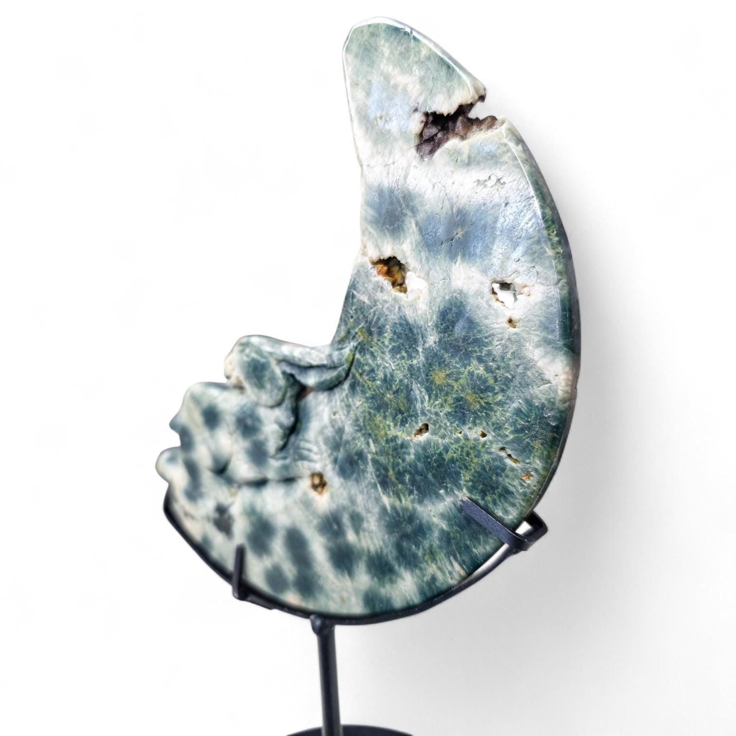 Large Ocean Jasper Rabbit on the Moon Carving | 5th Vein Green Jasper Crystal Moon | 9.5" Tall with Custom Metal Stand | Celestial Decor