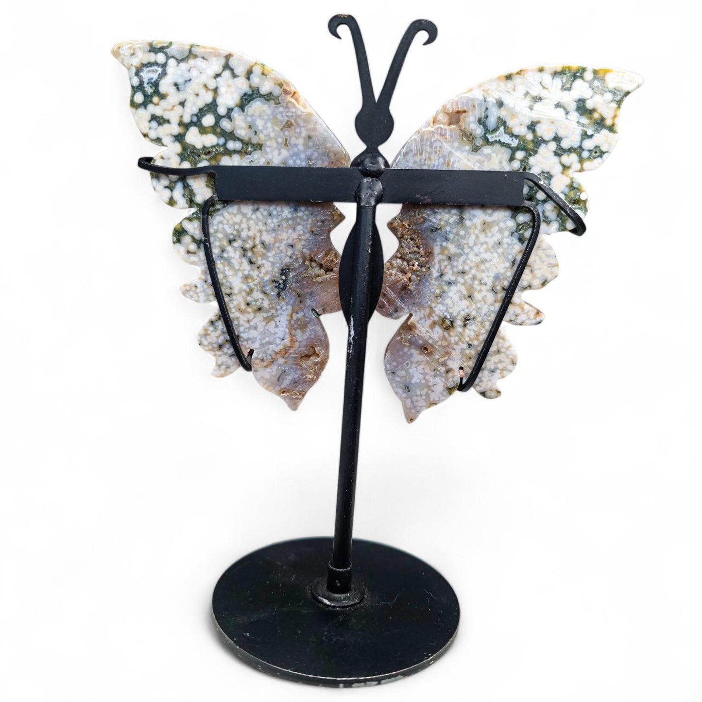 High-Quality Ocean Jasper Butterfly Wings with Orbicular Patterns - Custom Stand Included - 6.5 inches