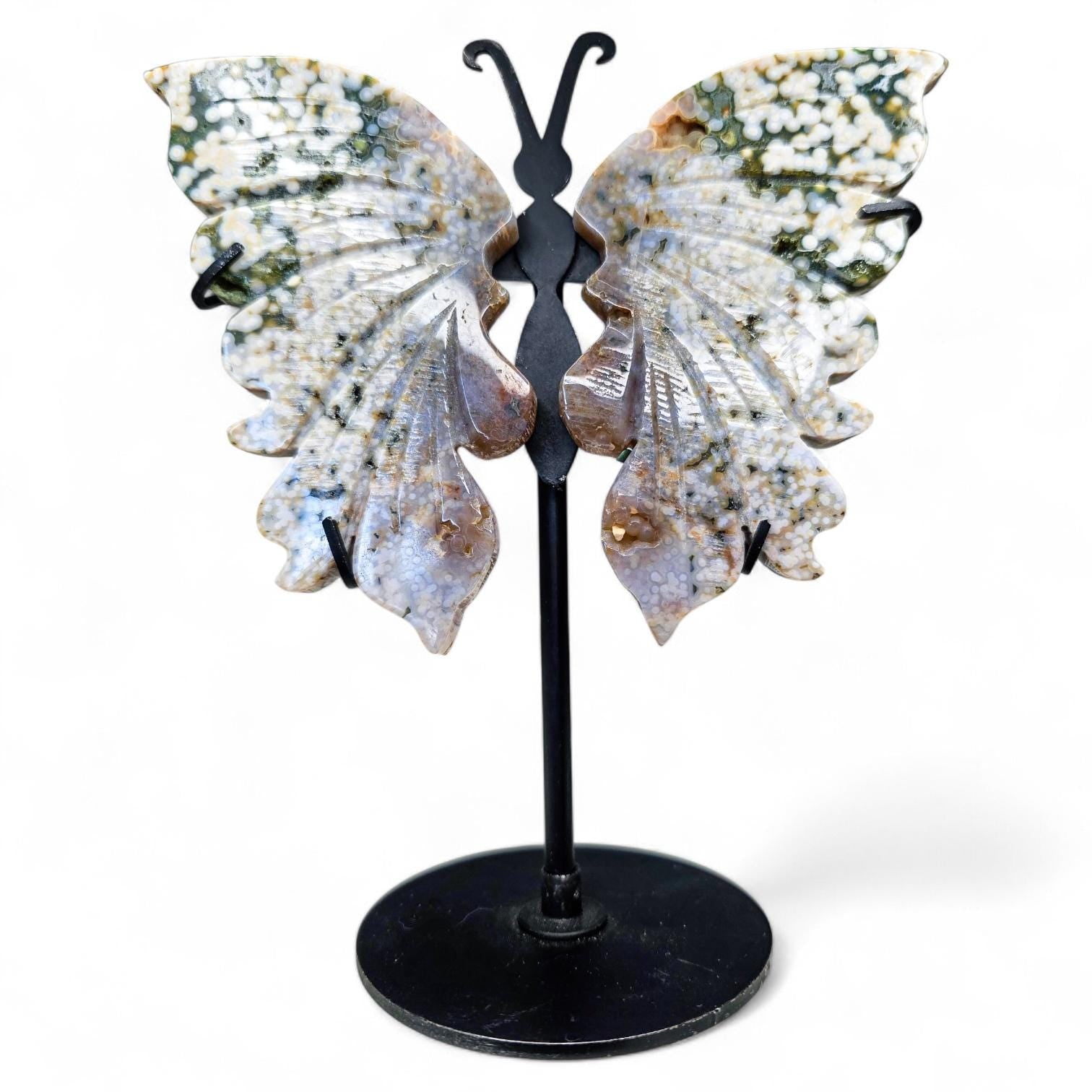 High-Quality Ocean Jasper Butterfly Wings with Orbicular Patterns - Custom Stand Included - 6.5 inches