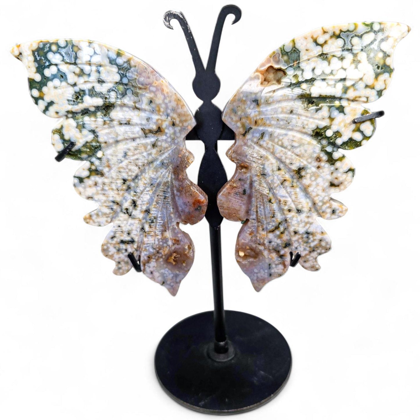 High-Quality Ocean Jasper Butterfly Wings with Orbicular Patterns - Custom Stand Included - 6.5 inches
