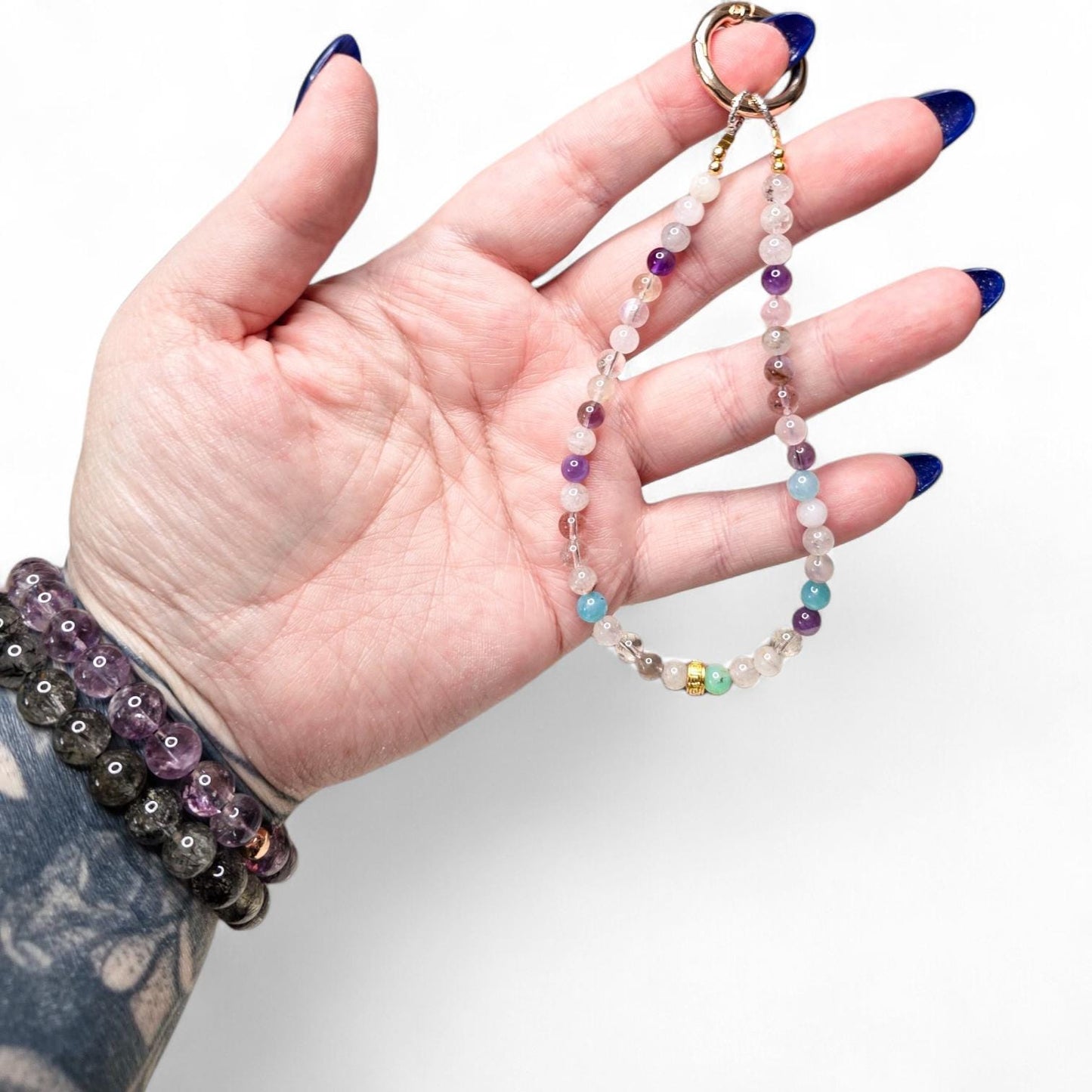 Rainbow Fluorite Crystal Phone Wristlet | Genuine Purple & Green Gemstone Strap | Beaded Crystal Phone Dangle | Luxury Boho Accessory