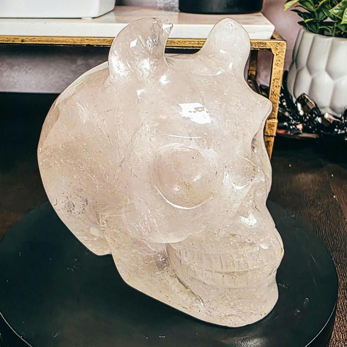 High Quality 4.5" Clear Quartz Devil Skull Carving - Unusual Crystal Horned Skull (2.26 lbs) - Unique Gothic Decor / Halloween Altar