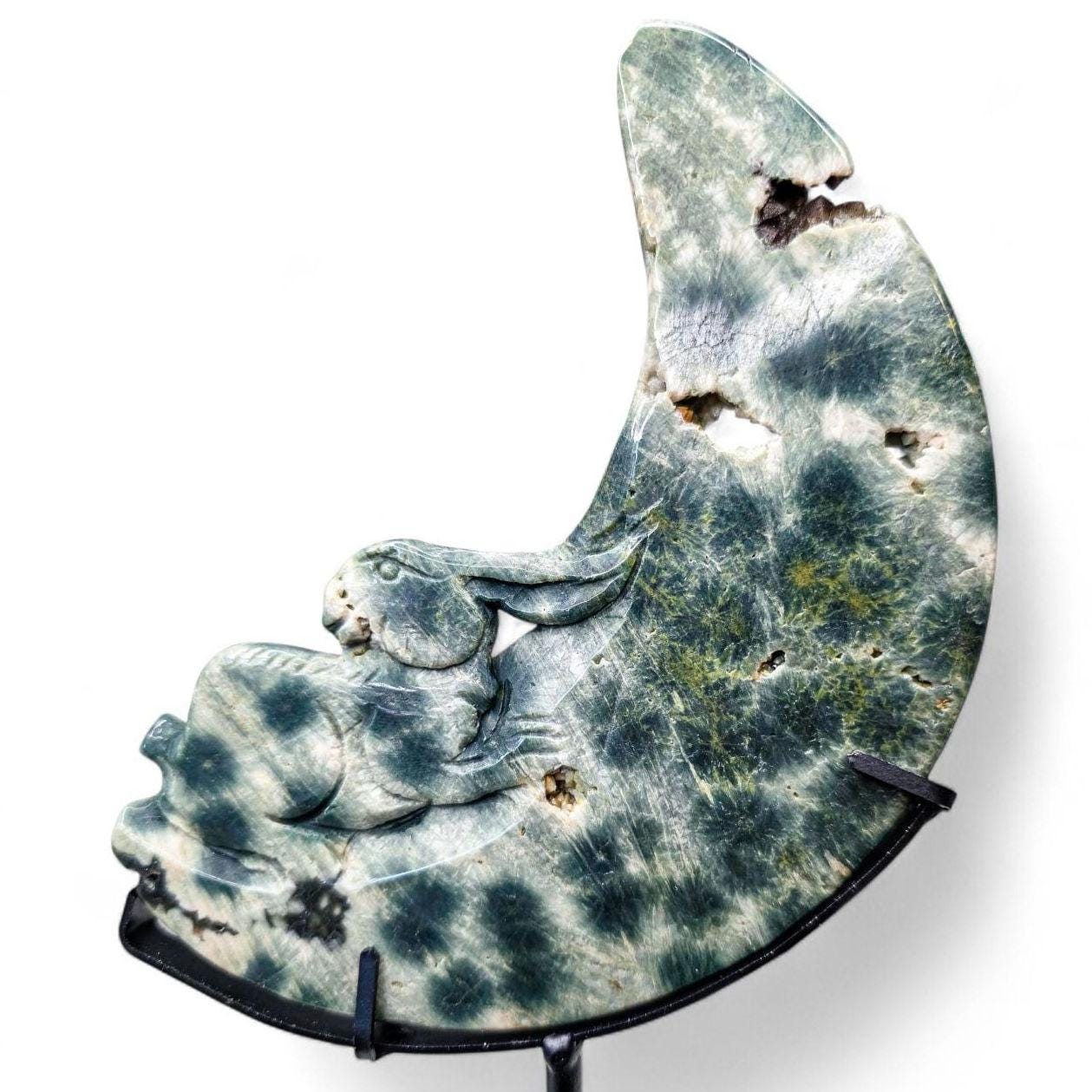 Large Ocean Jasper Rabbit on the Moon Carving | 5th Vein Green Jasper Crystal Moon | 9.5" Tall with Custom Metal Stand | Celestial Decor