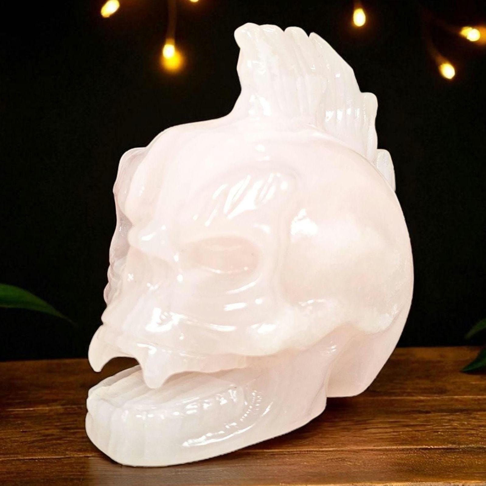 Rose Quartz Vampire Skull with Mohawk | Gothic Punk Rock Decor | Crystal Statement Piece