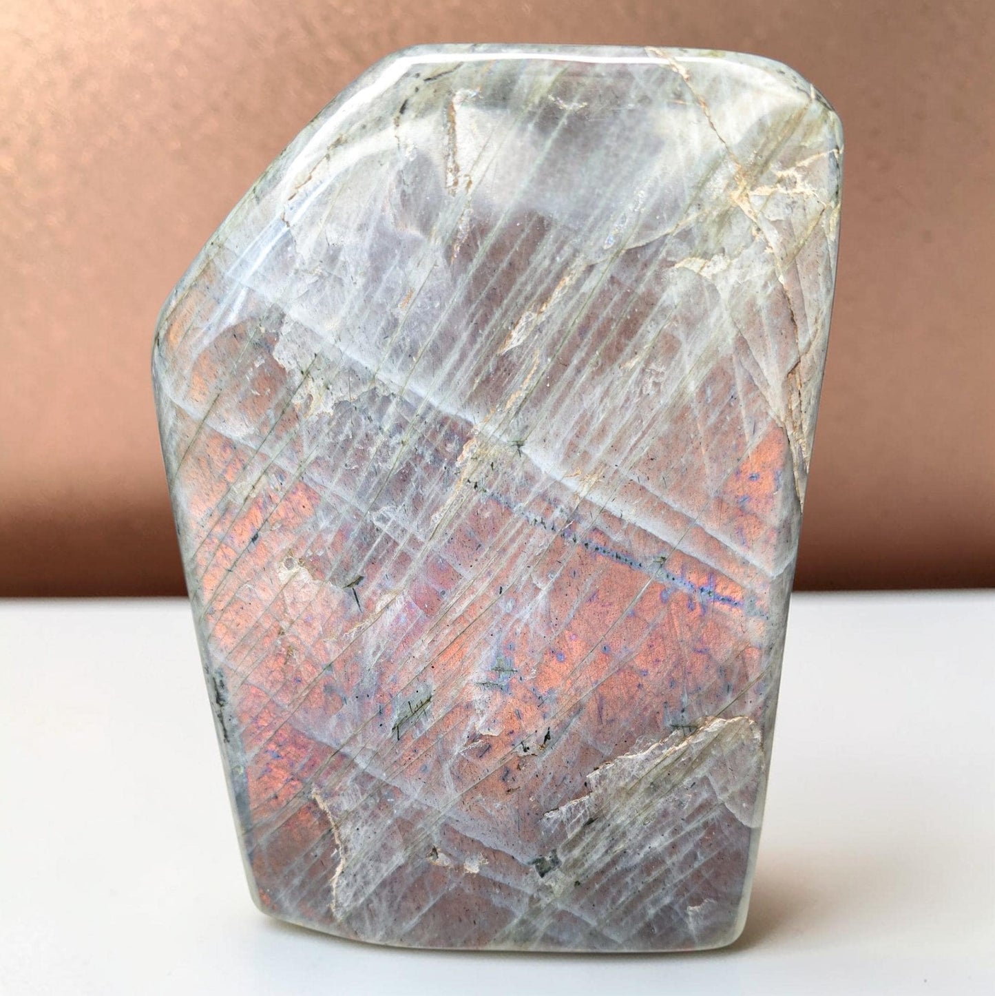 Huge 7.9lb Sunset Labradorite Freeform | Rare Orange & Pink Flash Statement Piece | 7" Polished Crystal Slab | High-End Mineral Specimen