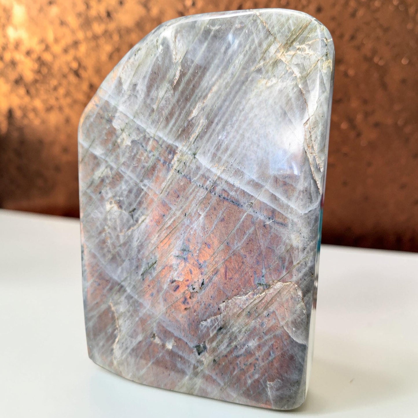 Huge 7.9lb Sunset Labradorite Freeform | Rare Orange & Pink Flash Statement Piece | 7" Polished Crystal Slab | High-End Mineral Specimen