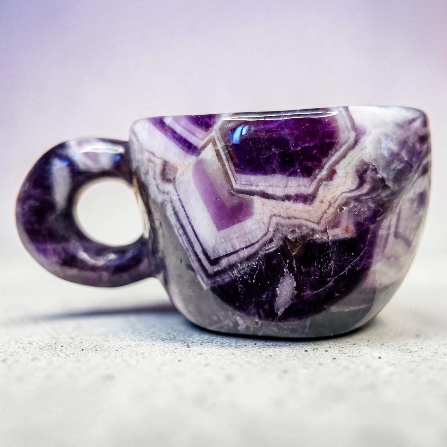 Chevron Amethyst Mini Cup | Decorative Hand Carved Amethyst Mug for Altar | Third Eye Healing Stone Carving | Intuition & Peace Crystal Gift