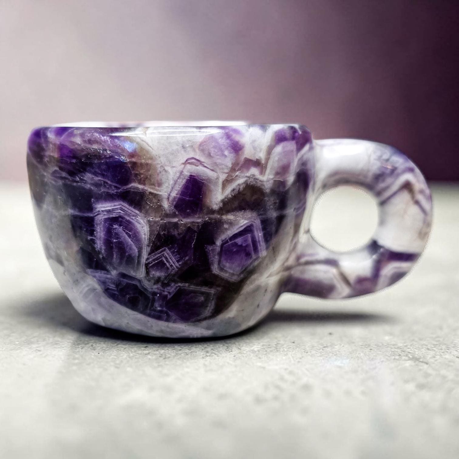 Chevron Amethyst Mini Cup | Decorative Hand Carved Amethyst Mug for Altar | Third Eye Healing Stone Carving | Intuition & Peace Crystal Gift