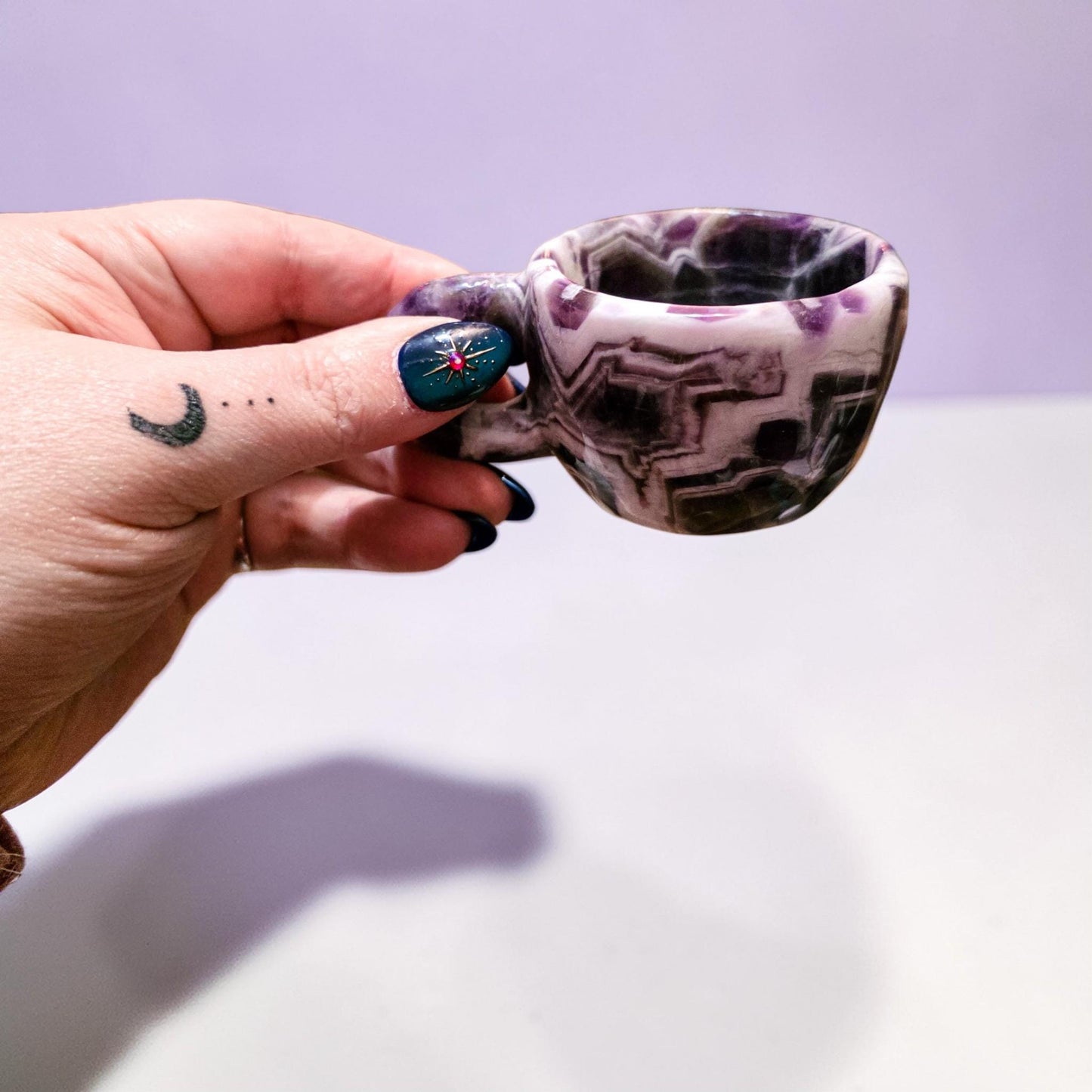 Chevron Amethyst Mini Cup | Decorative Hand Carved Amethyst Mug for Altar | Third Eye Healing Stone Carving | Intuition & Peace Crystal Gift