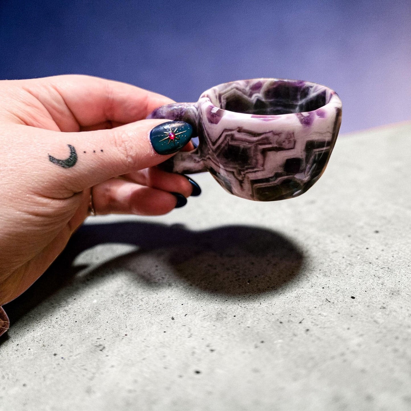 Chevron Amethyst Mini Cup | Decorative Hand Carved Amethyst Mug for Altar | Third Eye Healing Stone Carving | Intuition & Peace Crystal Gift