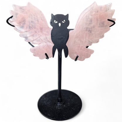 Rose Quartz Owl Wings on Custom Stand, Dark Feminine Crystal Decor, Ethereal Pink Stone Carving, Gift for Eclectic Soul