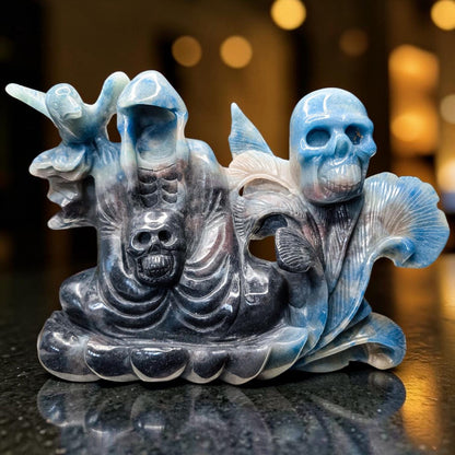 Large 3.7lb Troilite Carving | Hand Carved Grim Reaper & Skulls Sculpture | 8.5" Rare Mineral Specimen | Spooky Gothic Decor Statement Piece