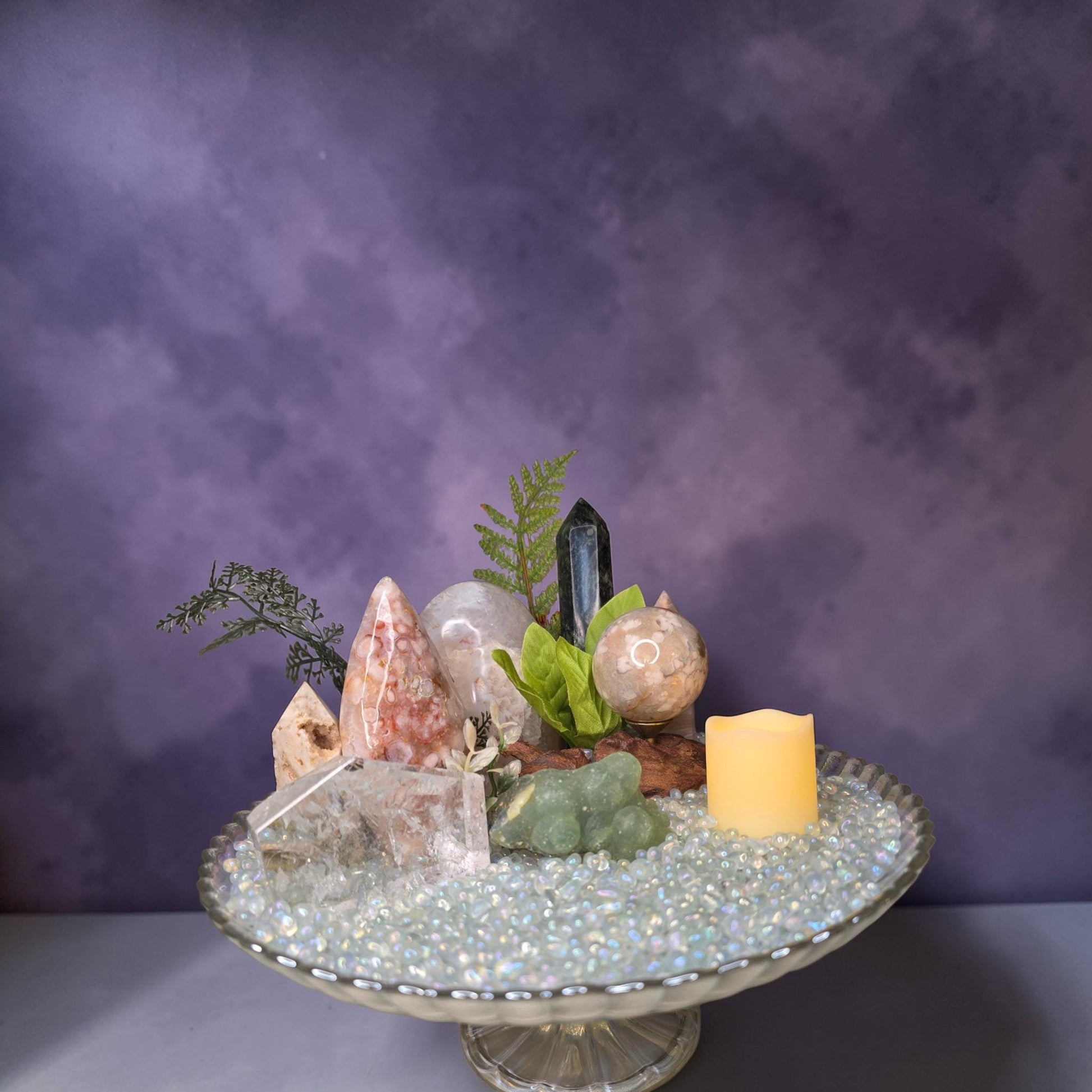 Crystal Garden Kit on Iridescent Pedestal, DIY Altar Sanctuary, Flower Agate Sphere & Rainbow Clear Quartz, Large Aesthetic Collection Gift