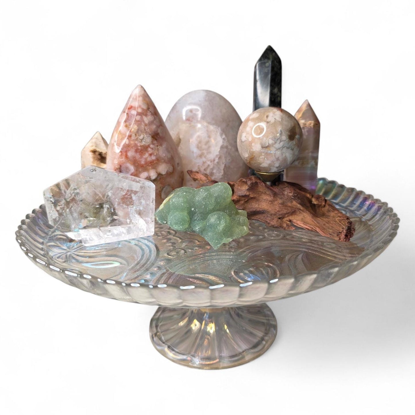 Crystal Garden Kit on Iridescent Pedestal, DIY Altar Sanctuary, Flower Agate Sphere & Rainbow Clear Quartz, Large Aesthetic Collection Gift