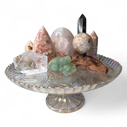 Crystal Garden Kit on Iridescent Pedestal, DIY Altar Sanctuary, Flower Agate Sphere & Rainbow Clear Quartz, Large Aesthetic Collection Gift