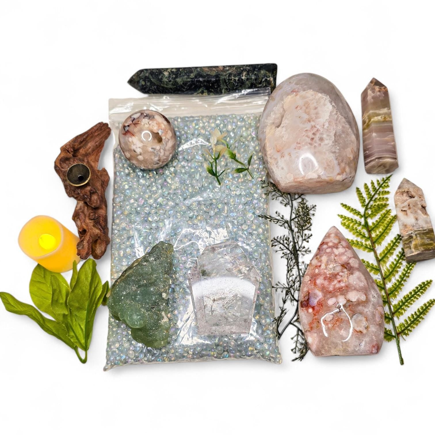 Crystal Garden Kit on Iridescent Pedestal, DIY Altar Sanctuary, Flower Agate Sphere & Rainbow Clear Quartz, Large Aesthetic Collection Gift