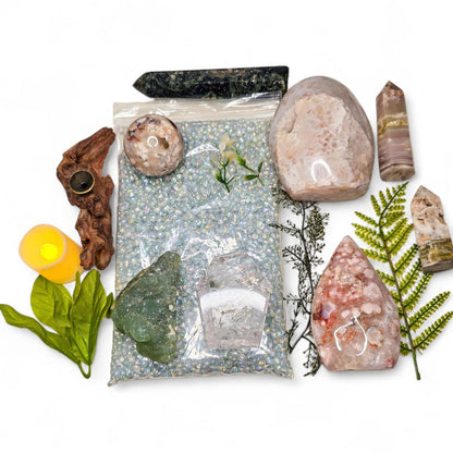 Crystal Garden Kit on Iridescent Pedestal, DIY Altar Sanctuary, Flower Agate Sphere & Rainbow Clear Quartz, Large Aesthetic Collection Gift