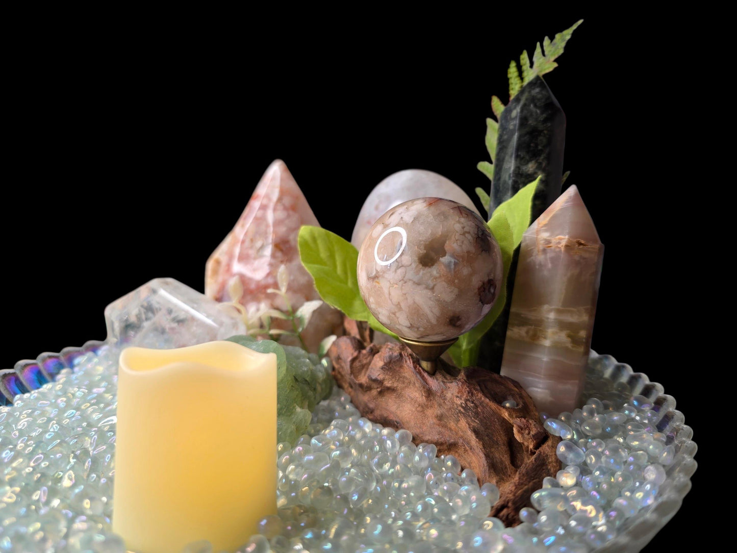 Crystal Garden Kit on Iridescent Pedestal, DIY Altar Sanctuary, Flower Agate Sphere & Rainbow Clear Quartz, Large Aesthetic Collection Gift