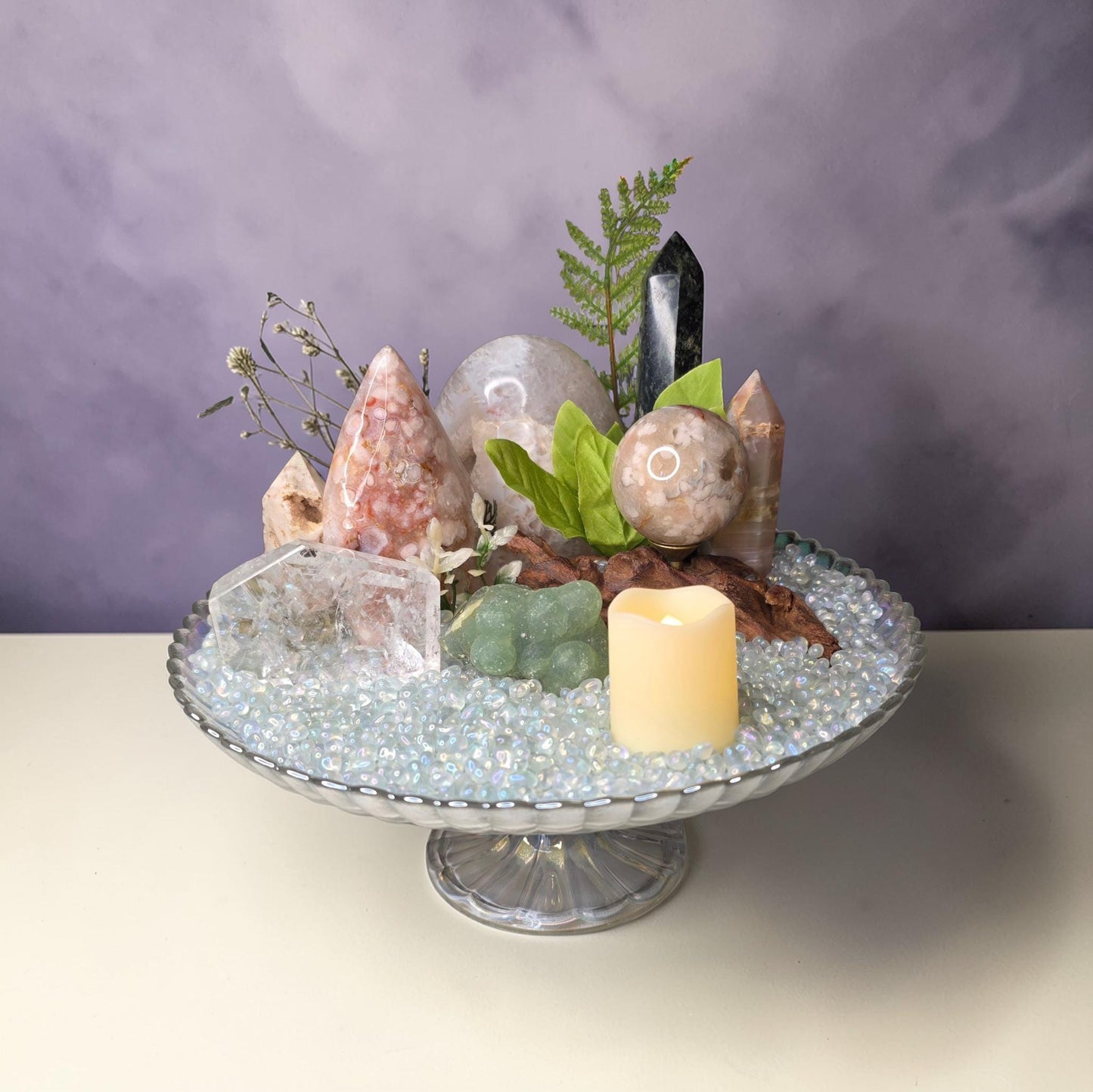 Crystal Garden Kit on Iridescent Pedestal, DIY Altar Sanctuary, Flower Agate Sphere & Rainbow Clear Quartz, Large Aesthetic Collection Gift