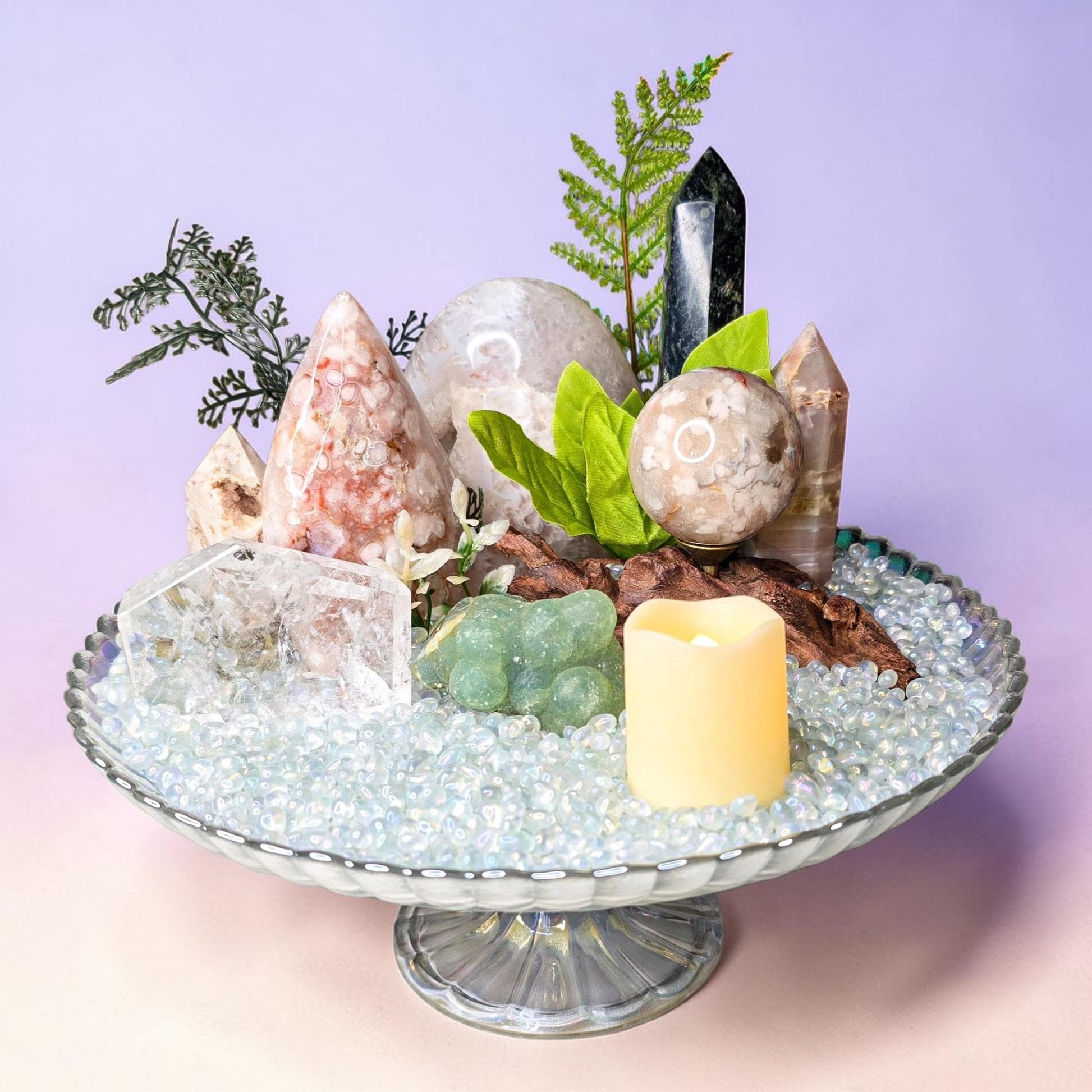 Crystal Garden Kit on Iridescent Pedestal, DIY Altar Sanctuary, Flower Agate Sphere & Rainbow Clear Quartz, Large Aesthetic Collection Gift