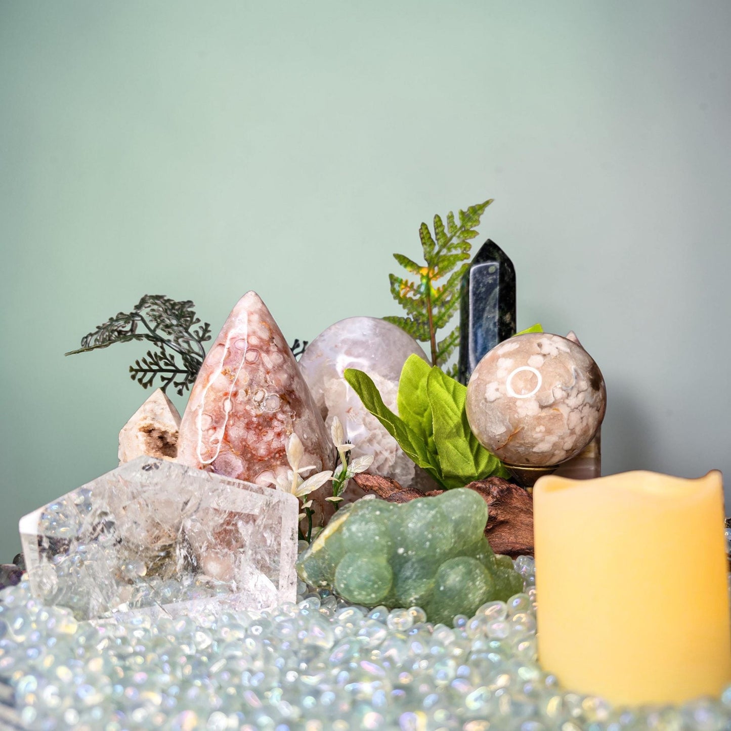 Crystal Garden Kit on Iridescent Pedestal, DIY Altar Sanctuary, Flower Agate Sphere & Rainbow Clear Quartz, Large Aesthetic Collection Gift