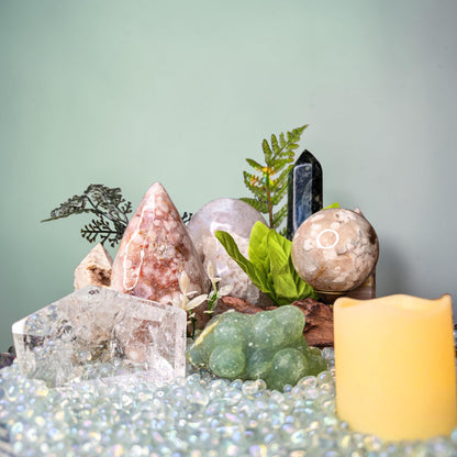 Crystal Garden Kit on Iridescent Pedestal, DIY Altar Sanctuary, Flower Agate Sphere & Rainbow Clear Quartz, Large Aesthetic Collection Gift