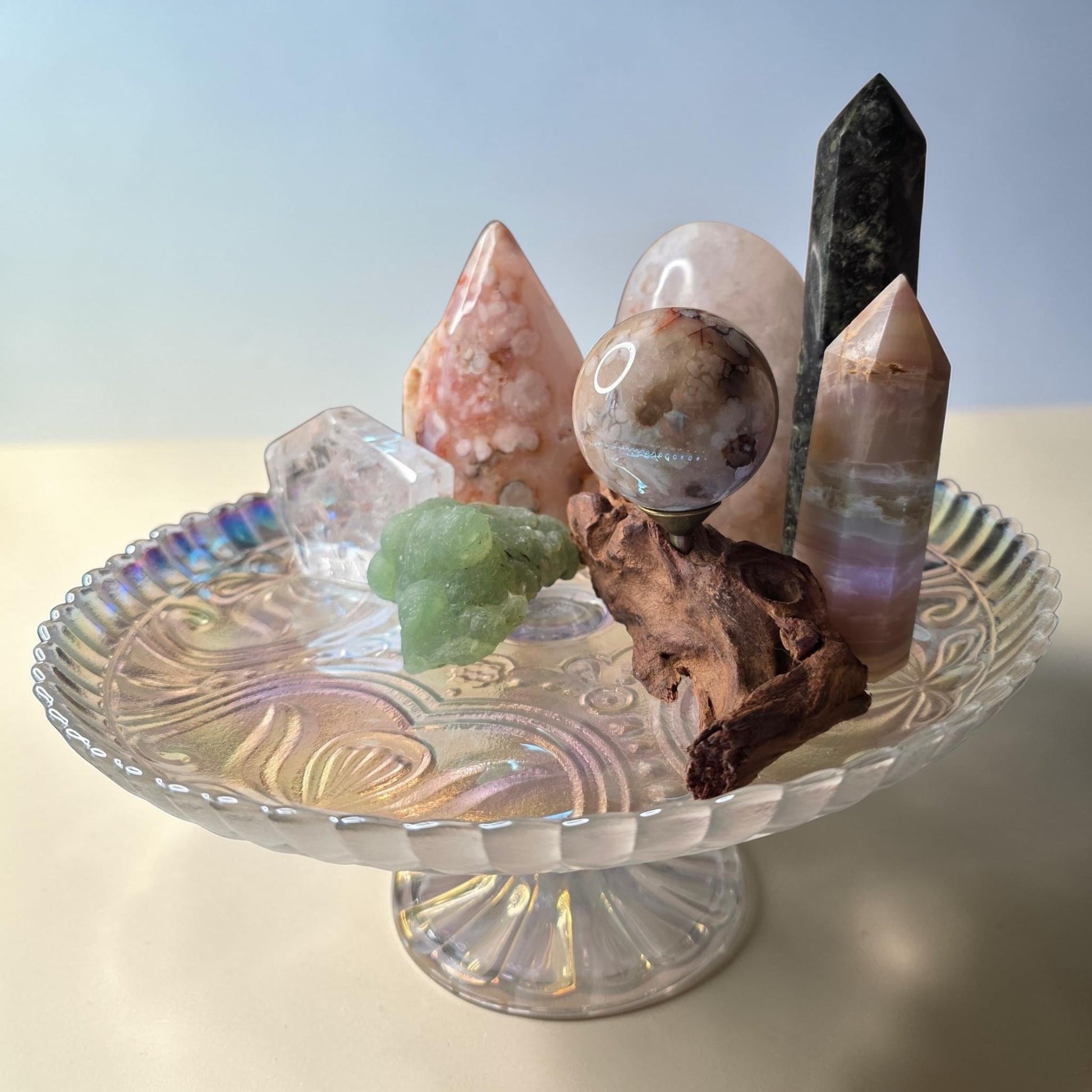 Crystal Garden Kit on Iridescent Pedestal, DIY Altar Sanctuary, Flower Agate Sphere & Rainbow Clear Quartz, Large Aesthetic Collection Gift