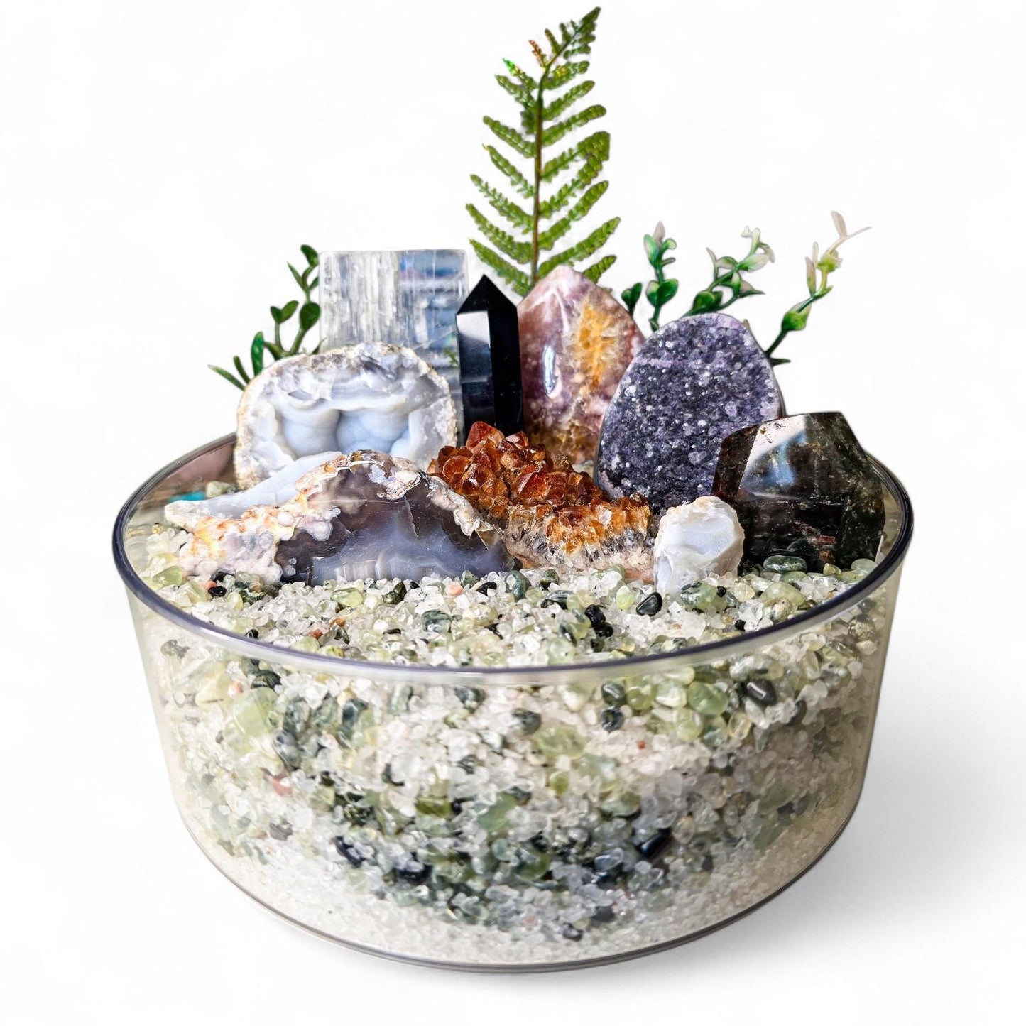 Large Spinning Crystal Garden Kit, 3kg Clear Quartz & Prehnite Chips, Blue Lace Agate Druzy and Pink Amethyst, 9" Rotating Mineral Display