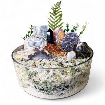 Large Spinning Crystal Garden Kit, 3kg Clear Quartz & Prehnite Chips, Blue Lace Agate Druzy and Pink Amethyst, 9" Rotating Mineral Display
