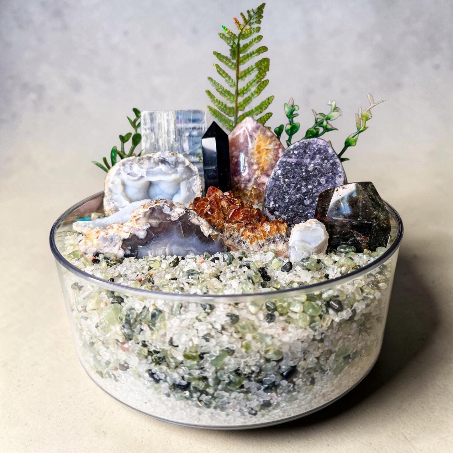 Large Spinning Crystal Garden Kit, 3kg Clear Quartz & Prehnite Chips, Blue Lace Agate Druzy and Pink Amethyst, 9" Rotating Mineral Display