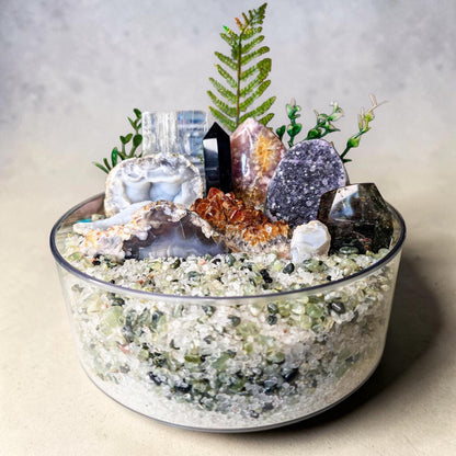 Large Spinning Crystal Garden Kit, 3kg Clear Quartz & Prehnite Chips, Blue Lace Agate Druzy and Pink Amethyst, 9" Rotating Mineral Display