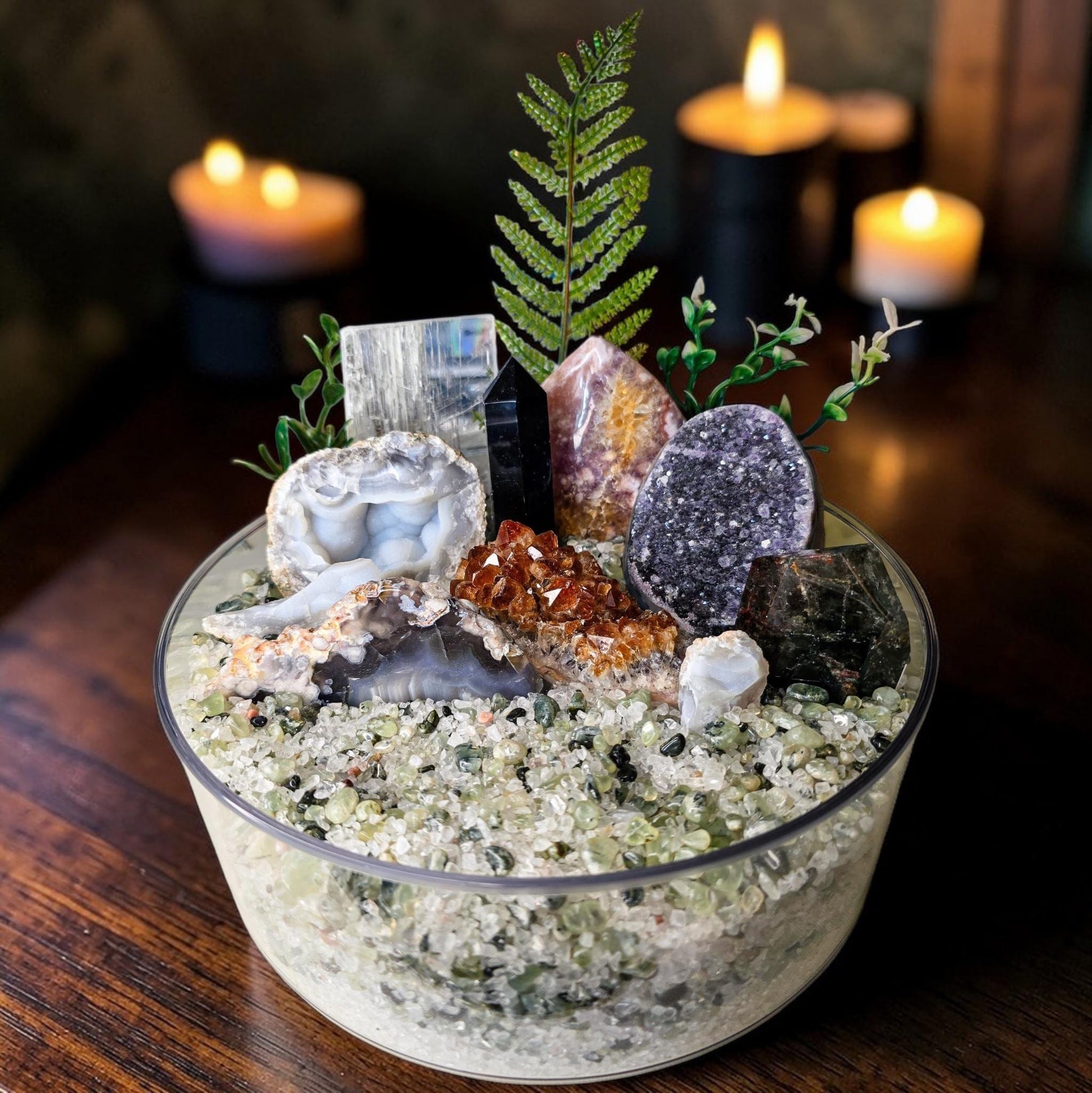 Large Spinning Crystal Garden Kit, 3kg Clear Quartz & Prehnite Chips, Blue Lace Agate Druzy and Pink Amethyst, 9" Rotating Mineral Display