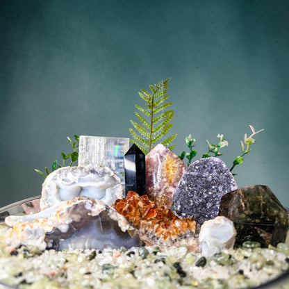 Large Spinning Crystal Garden Kit, 3kg Clear Quartz & Prehnite Chips, Blue Lace Agate Druzy and Pink Amethyst, 9" Rotating Mineral Display
