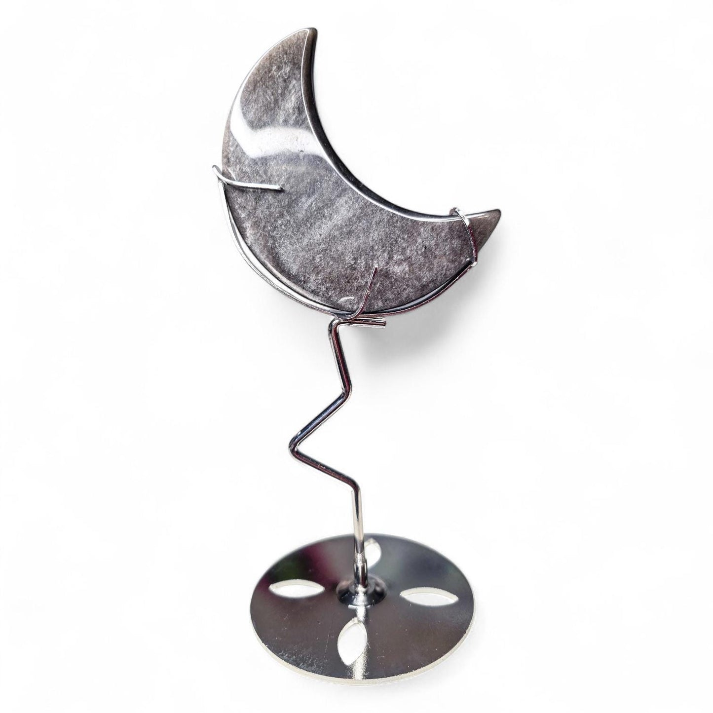 Silver Sheen Obsidian Moon with Silver Metal Stand, Black Crescent Moon Carving, Celestial Home Decor, Flashy Volcanic Glass, Witchy Gift