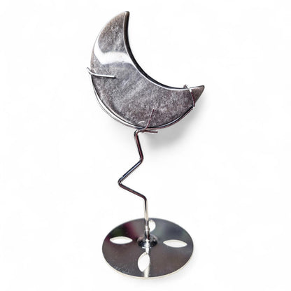 Silver Sheen Obsidian Moon with Silver Metal Stand, Black Crescent Moon Carving, Celestial Home Decor, Flashy Volcanic Glass, Witchy Gift