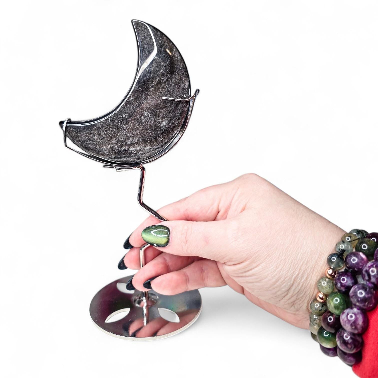 Silver Sheen Obsidian Moon with Silver Metal Stand, Black Crescent Moon Carving, Celestial Home Decor, Flashy Volcanic Glass, Witchy Gift