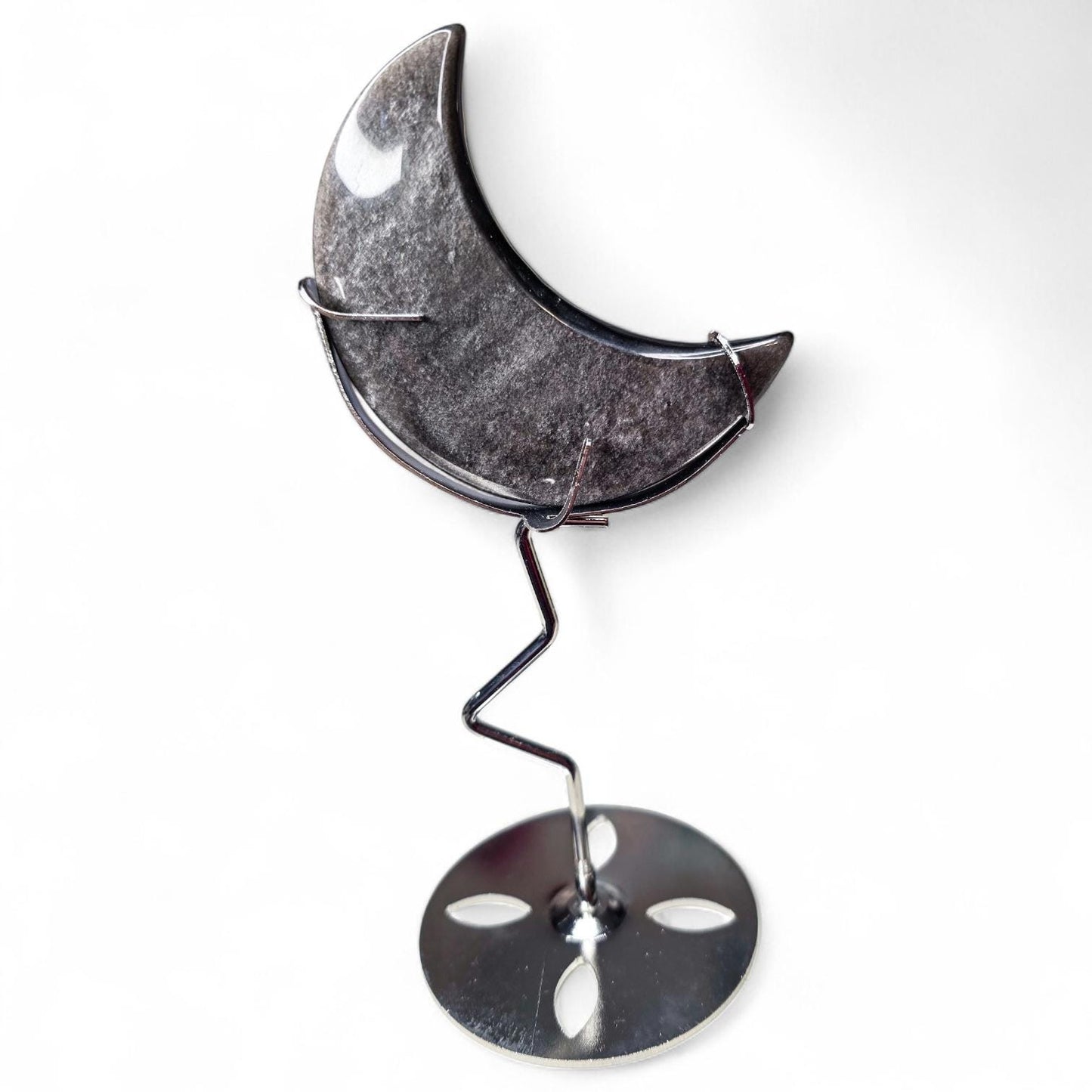 Silver Sheen Obsidian Moon with Silver Metal Stand, Black Crescent Moon Carving, Celestial Home Decor, Flashy Volcanic Glass, Witchy Gift
